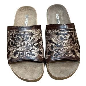 Roper Women's Size 9 Tooled Leather Western Cowgirl Slides Slip on Sandals